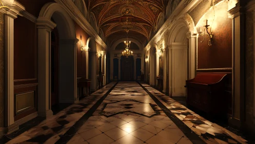Ornate palace hallway shows detailed arches and chandeliers