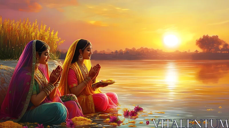 Riverbank prayer at sunset with vivid saris and flowers.