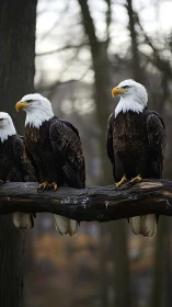 Three solemn eagles hold council on a weathered woodland perch