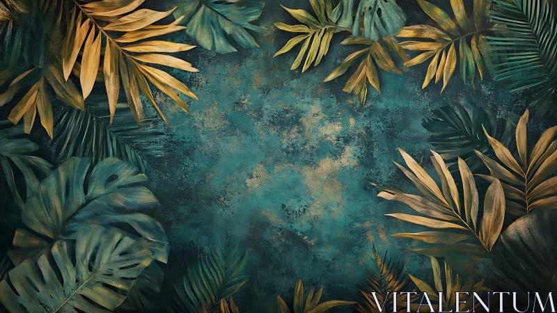 Tropical leaves frame on textured teal and gold background.