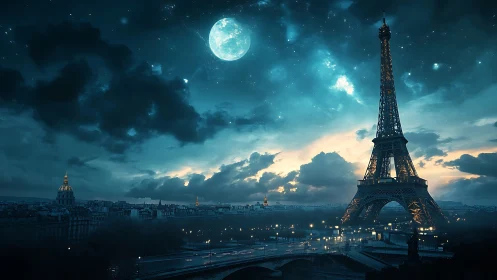 Lunar-illuminated Eiffel skyline under cinematic noctilucent sky.