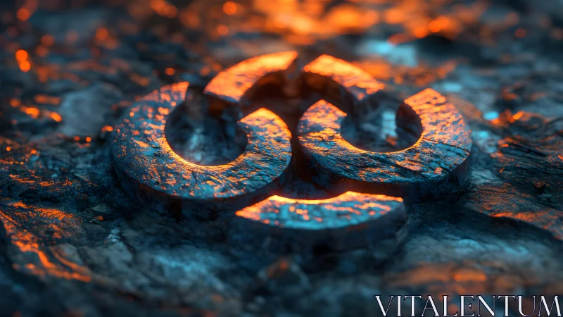 Metallic abstract symbol on textured stone with glowing orange light.