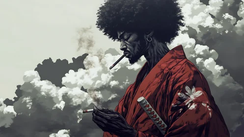 Afro samurai in red kimono beneath storm-swept clouds.