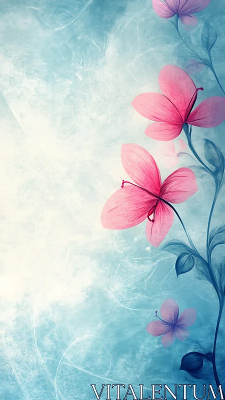 Pink Flowers Against Blue Gradient Background