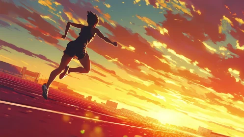 Backlit sprinter accelerates on track under saturated sunset sky