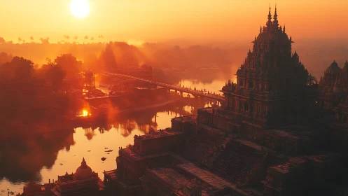 Sunlit river temple skyline in dense atmospheric haze.
