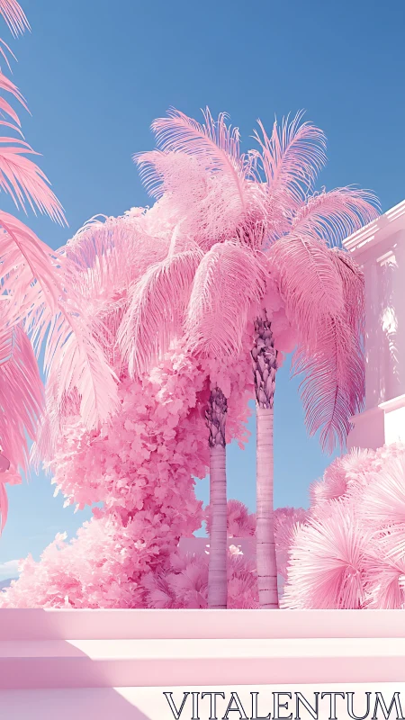 Pink tropical palms rise beside minimal modern terrace