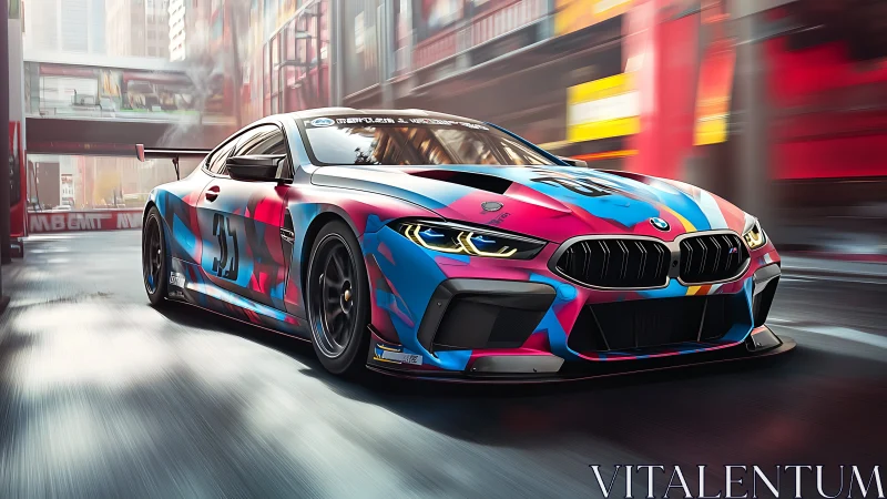 Urban sprinting BMW GT racer in neon livery artwork.