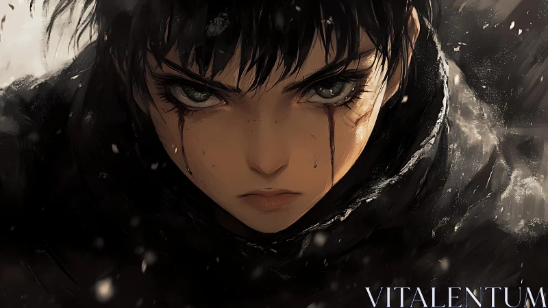 Brooding anime warrior with intense gaze in storm.