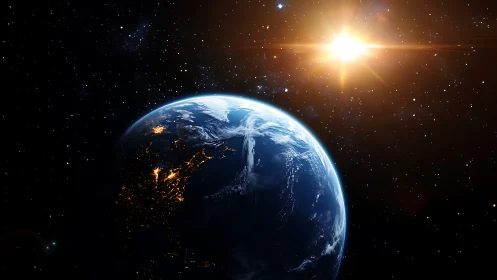 Rendered view of sunlit Earth hemisphere against star field