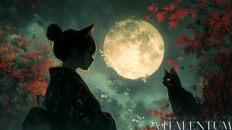 Moonlit cat spirit girl and black cat share a silent gaze.