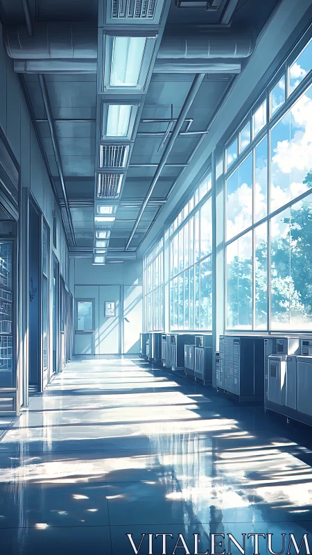 Sunlit science hallway sketching quiet blue futures.