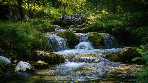 Mountain stream cascades over mossy rocks in dappled forest light