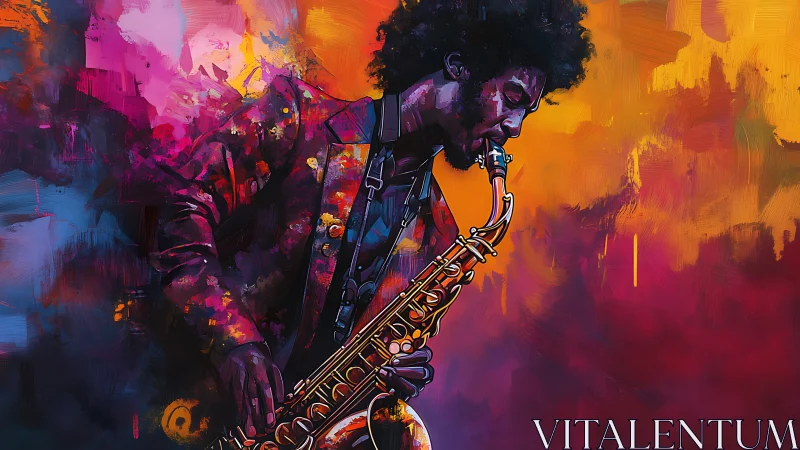 Saxophonist in multicolored abstract environment during play.