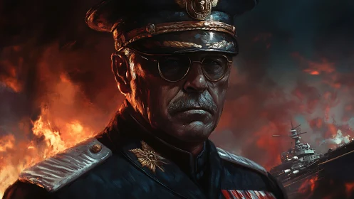 Naval admiral stands before burning warship at dusk