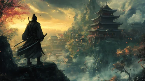 Lone samurai drinks sunrise over mist-wrapped mountain temple