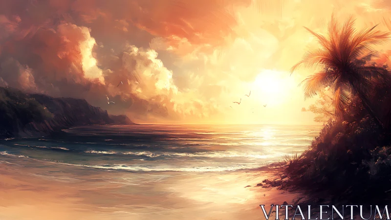 Golden tropical sunset over tranquil palm-lined shoreline.