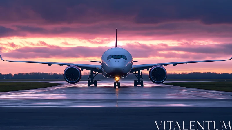Sunset runway welcomes a sleek modern passenger airplane