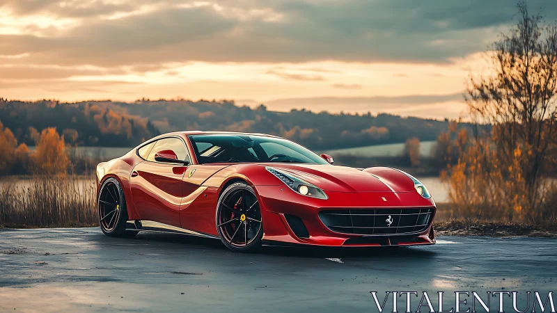 Red sports coupe parked on wet road at autumn sunset.