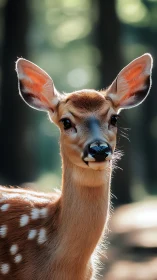 Young spotted deer in soft forest background light.
