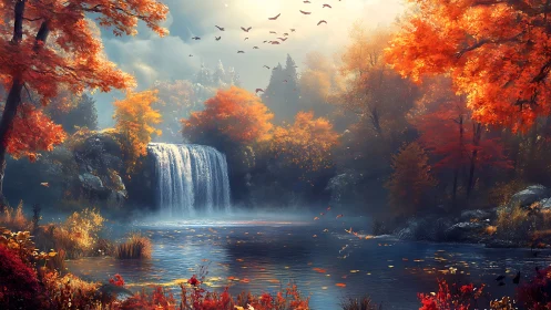 Autumn waterfall and forest river under warm glowing light.