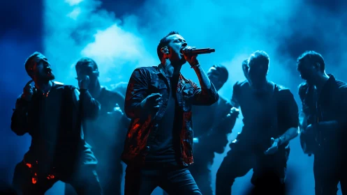 Lead vocalist sings onstage surrounded by band silhouettes