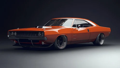 Bold orange muscle car gleams softly in a calm studio light