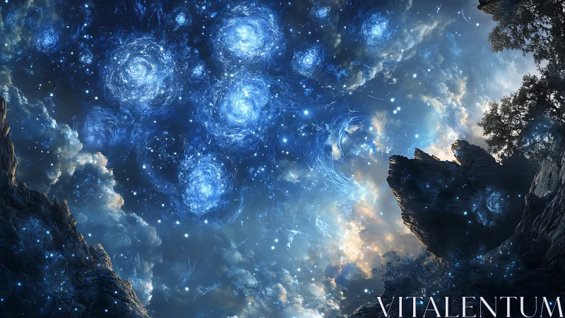 Starlit whirlpools swirl above jagged cliffs at cosmic dusk