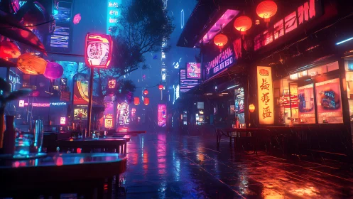 Neon-lit urban street scene is depicted during steady rainfall