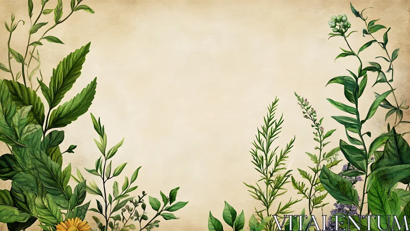 Botanical herb border on aged parchment background, central copyspace