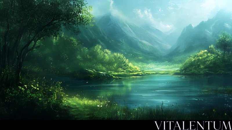 Soft mountain light hushes a glassy emerald valley lake