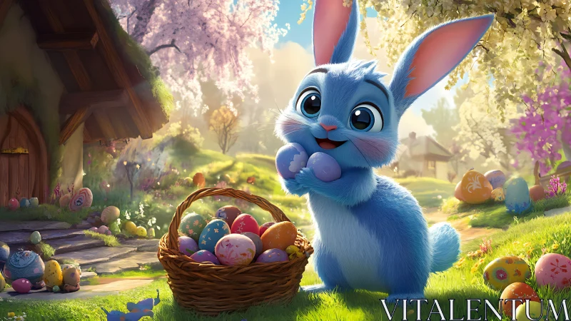 Blue bunny cradles pastel eggs in a sunlit spring wonderland.