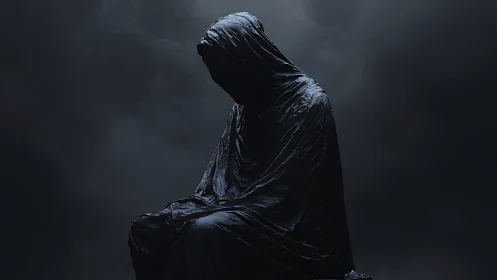 Draped hooded figure rendered in high contrast volumetric lighting