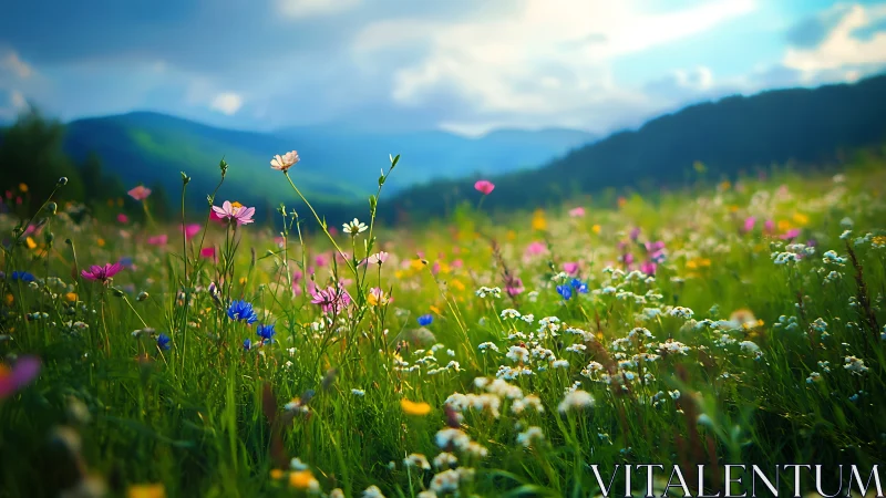 Wildflower meadow glows beneath soft mountainside daylight