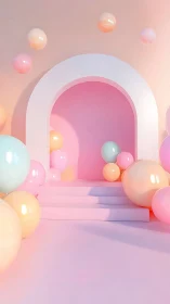 Pastel arched doorway with floating and stacked spheres.