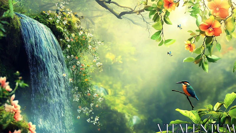 Luminous forest waterfall with kingfisher rendered in vivid digital detail
