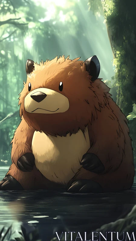 Gentle forest bear resting beside a sunlit woodland stream.