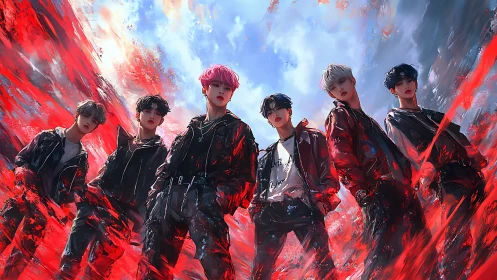 Bold friends stand united in a storm of electric red energy