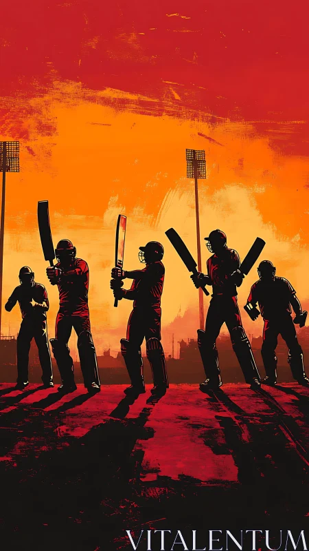 Cricket silhouettes on blazing urban sunset ground.