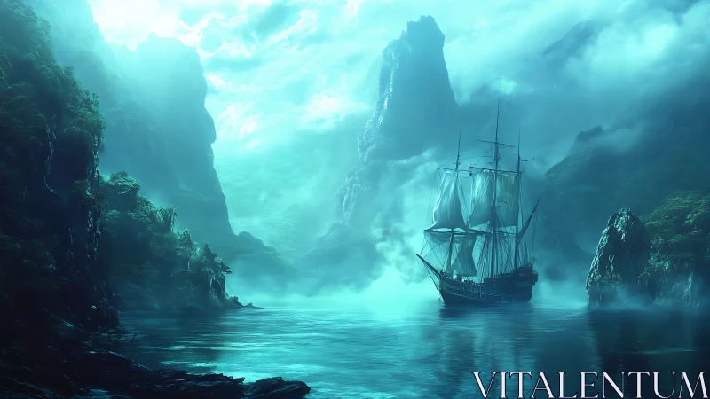 Mystic tall ship glides through glowing foggy sea cliffs