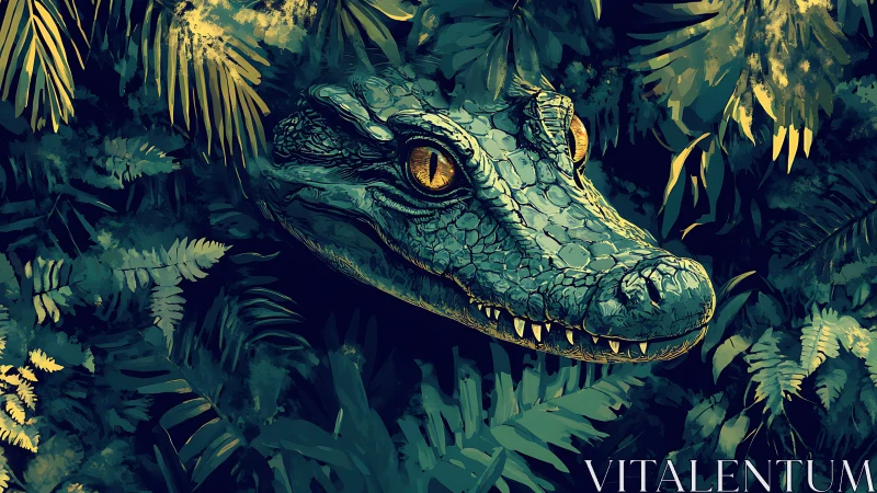 Predatory crocodile head emerging through lush jungle foliage.