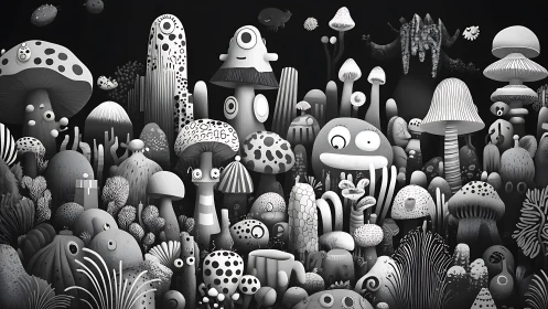 Monochrome whimsical mushroom forest with cartoon faces.