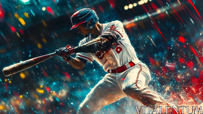 Baseball hitter swings under stadium lights in dynamic rain