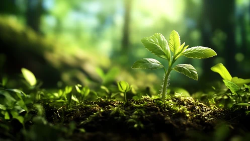 Young plant sprouting in sunlit forest, vibrant natural scene.