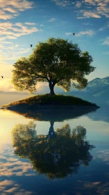 Solitary lakeside tree mirrored on calm reflective water.