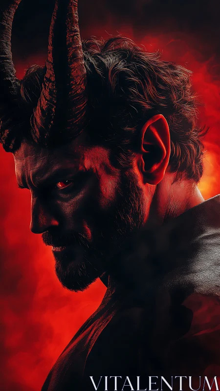 Smoldering horned demon gazes back through swirling crimson light