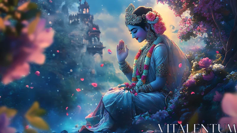 Divine goddess portrait in luminous floral digital painting.