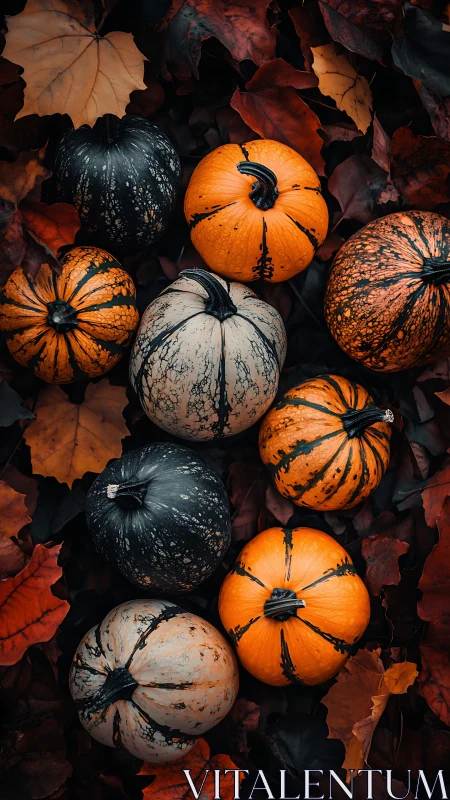 Symmetrical gourds arranged on autumn leaf litter with muted palette