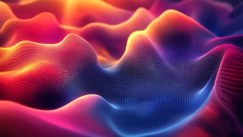 Neon data dunes rolling under a liquid sunrise sky.