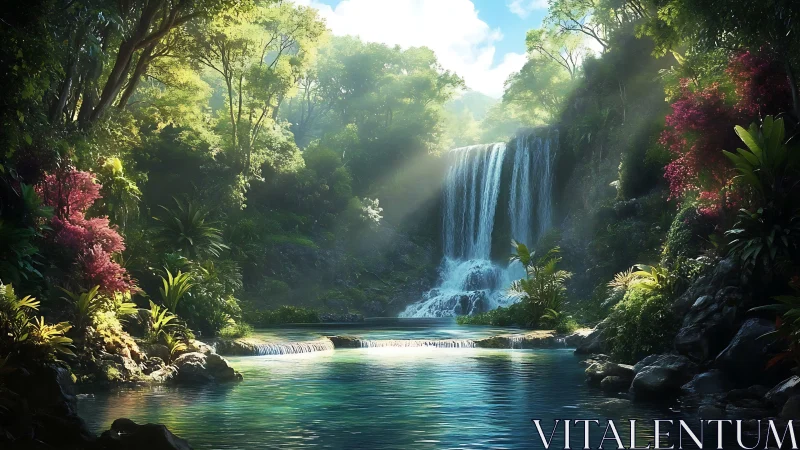 Sunlit jungle waterfall cradles a crystal-blue dream pool.